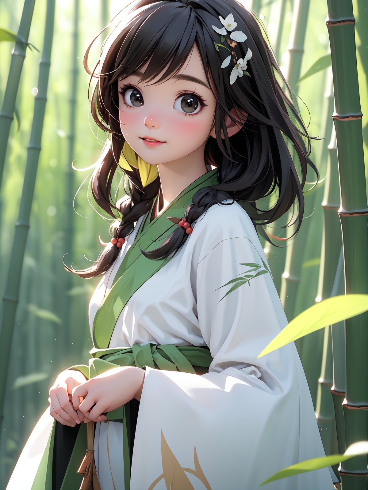 00674-2495268565-BFcutegirl,1girl,brown eyes,black hair,hanfu,hair band,hair ornaments,white,green,bamboo forest,hair ornaments,exquisite and bea.png